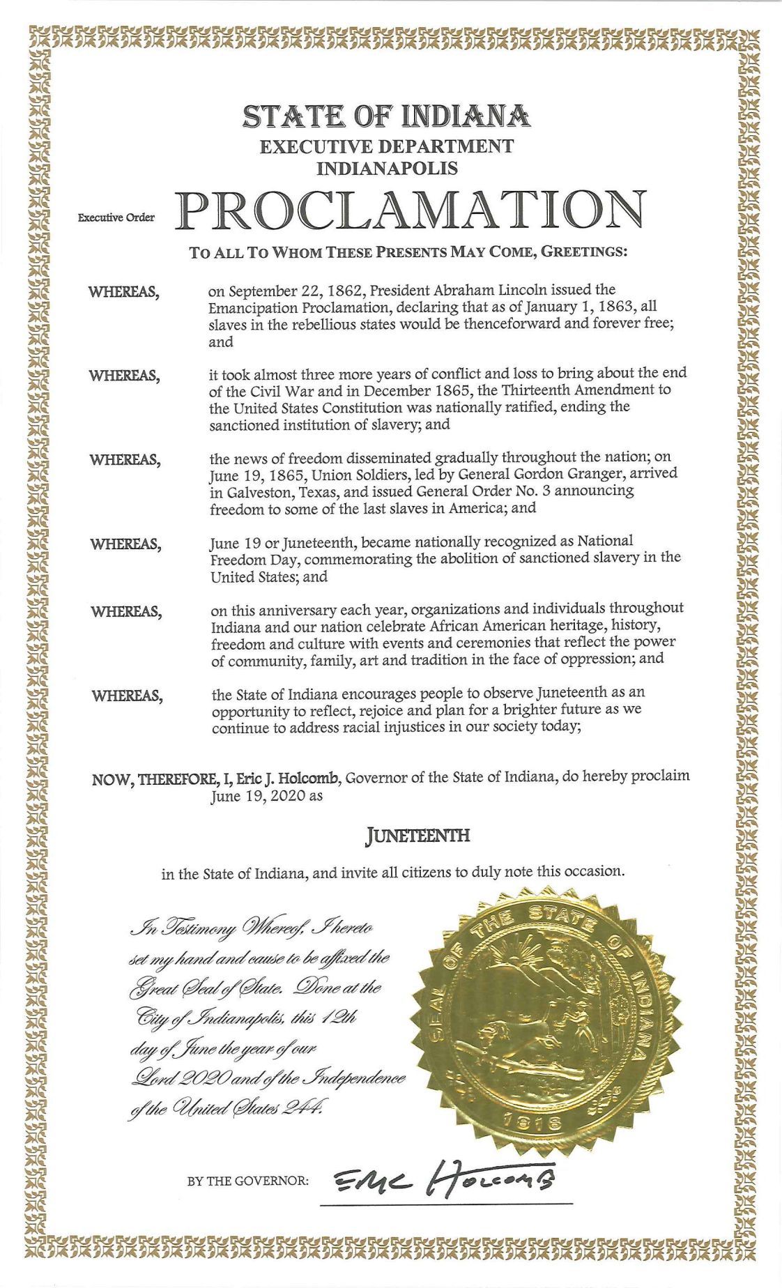 Gov. Eric Holcomb proclamation of Juneteenth 2020